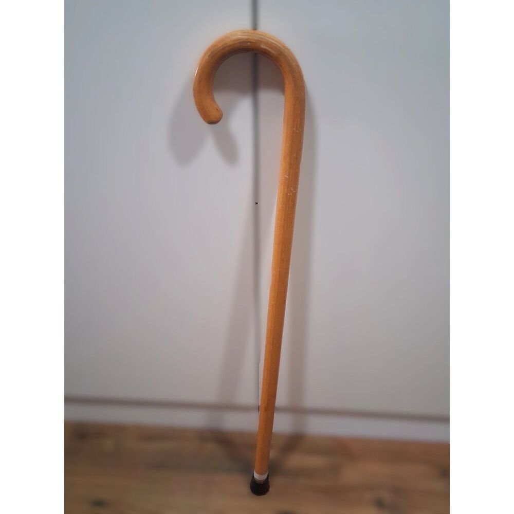 Vintage Style Wooden Walking Stick Classic Crook Handle w Protective Rubber Tip